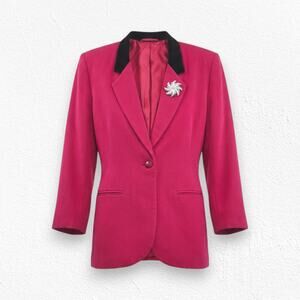 Vintage 80s Red Wool Blazer Velvet Collar Brooch Accent Career Jacket Size 16